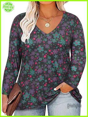 Plus Size Long Sleeve V Neck Tunic Blouse Floral Top